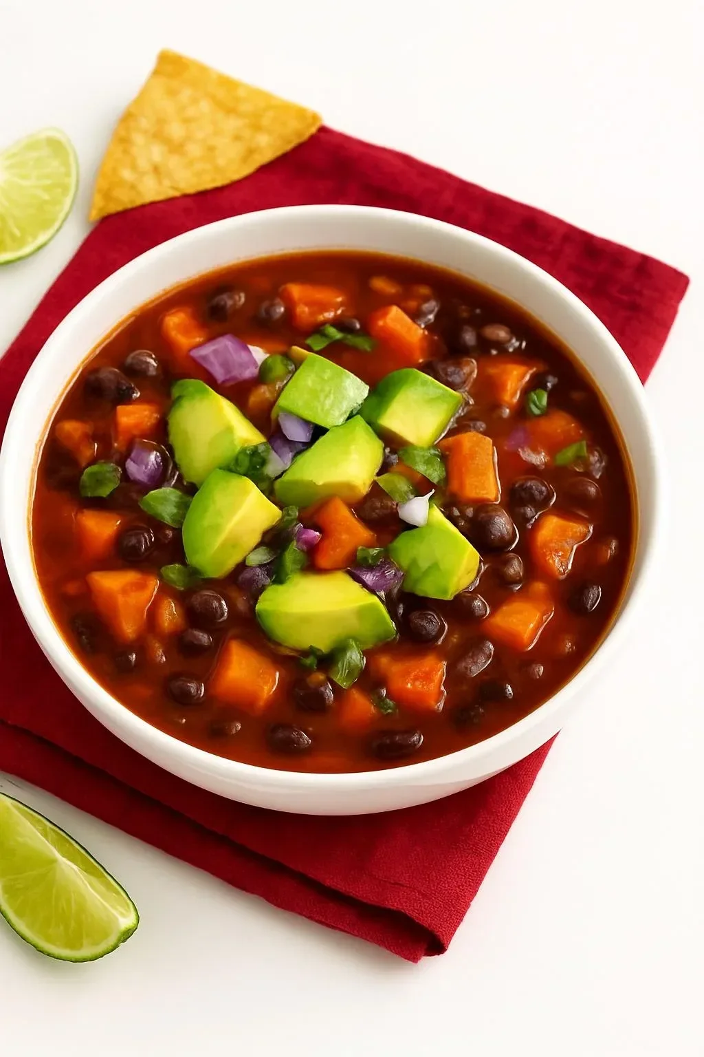 Bowl of 5-Ingredient Sweet Potato Black Bean Chili garnished with herbs