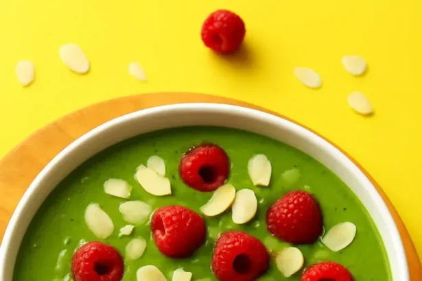 5-minute matcha green smoothie bowl topped with fruits and nuts