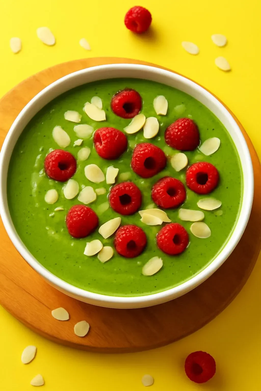 5-minute matcha green smoothie bowl topped with fruits and nuts