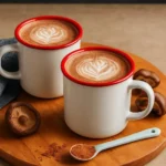 A warm 5-minute mushroom latte in a coffee cup with frothy milk on top.