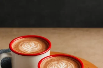 A warm 5-minute mushroom latte in a coffee cup with frothy milk on top.