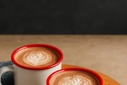 A warm 5-minute mushroom latte in a coffee cup with frothy milk on top.