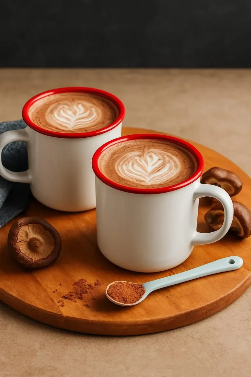 A warm 5-minute mushroom latte in a coffee cup with frothy milk on top.