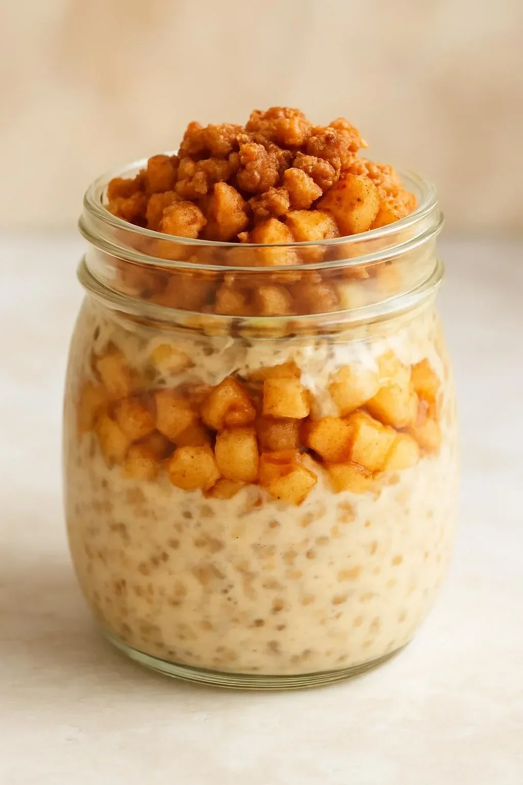 Bowl of apple pie overnight oats topped with apple slices and cinnamon