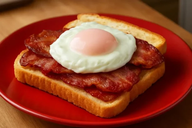 Bacon and runny egg on tiger bread served on a plate