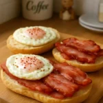 Bacon and eggs garnished with chili flakes for a spicy breakfast delight.