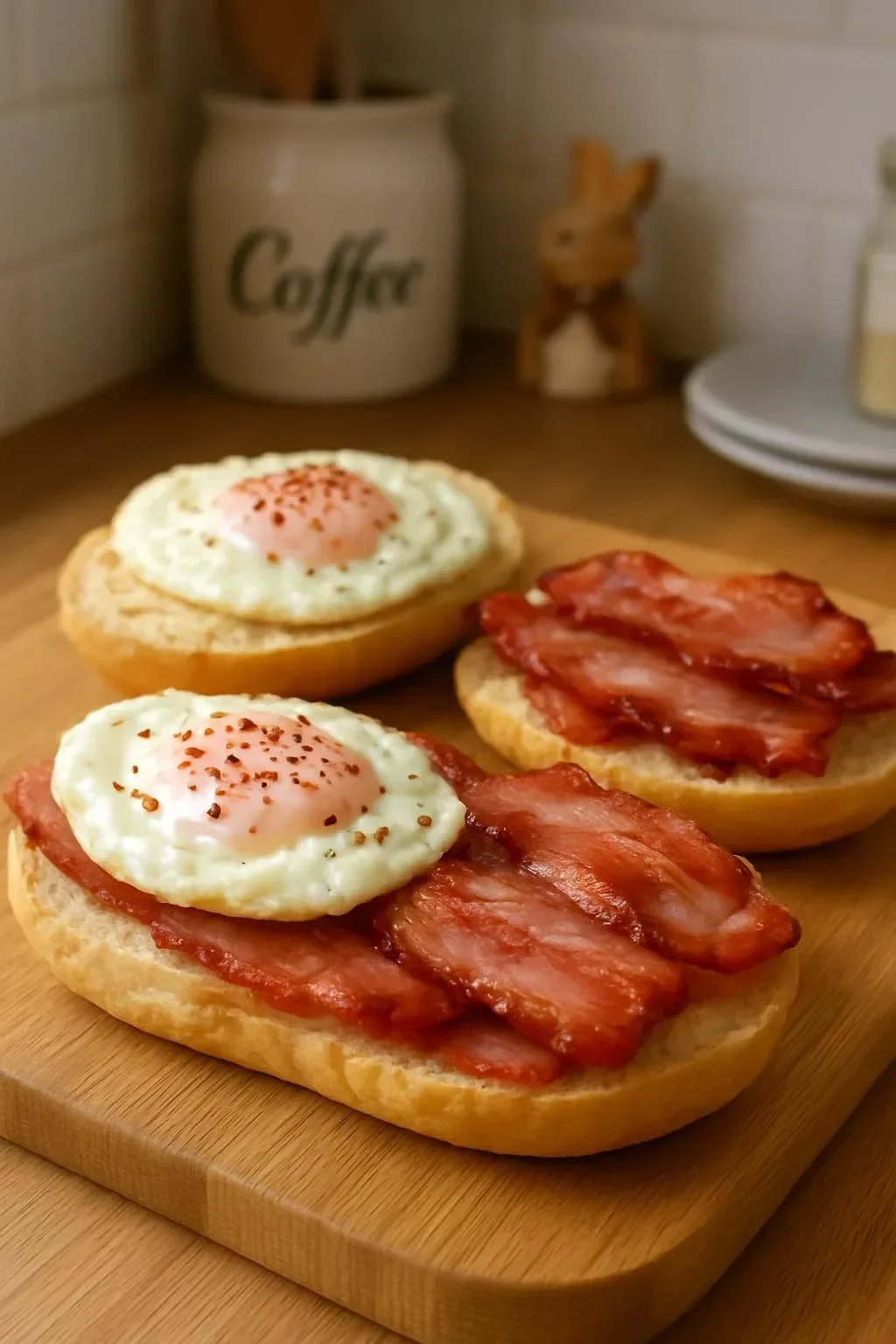 Bacon and eggs garnished with chili flakes for a spicy breakfast delight.