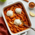 Delicious baked apples served hot with a scoop of vanilla ice cream