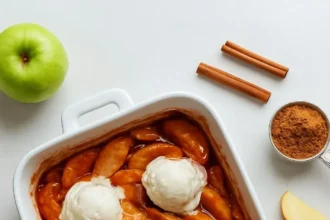 Delicious baked apples served hot with a scoop of vanilla ice cream