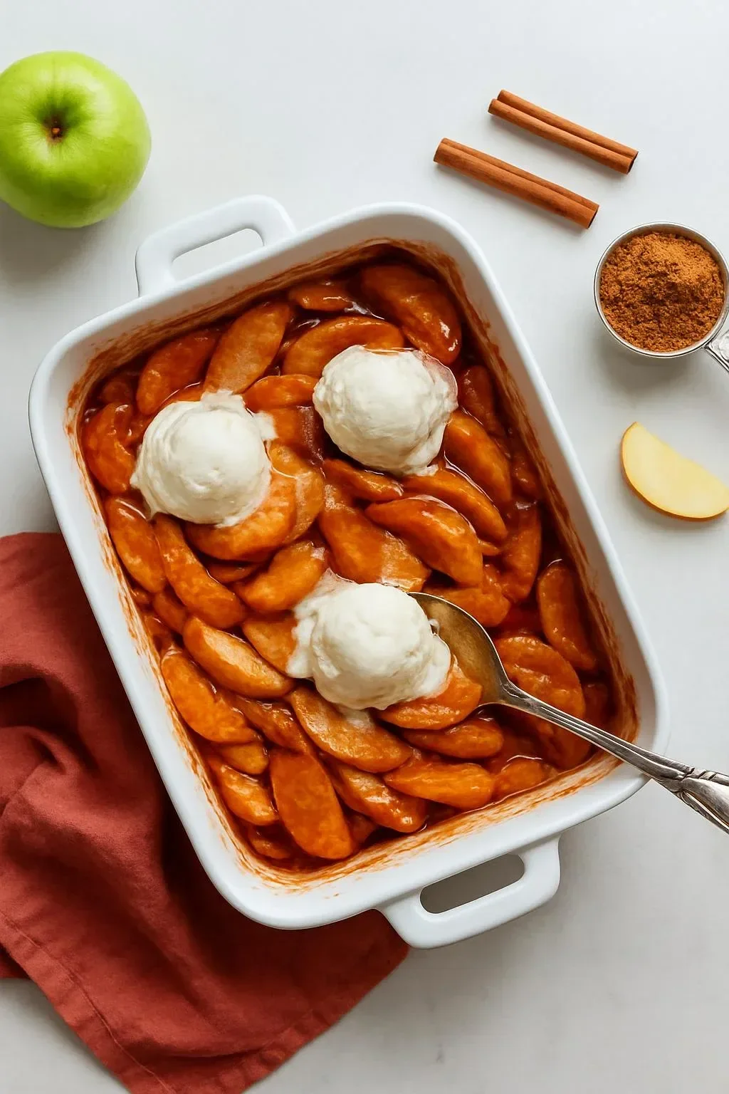Delicious baked apples served hot with a scoop of vanilla ice cream