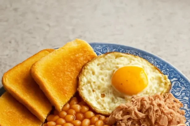 Beans on toast topped with tuna, prawns, cheese, and a fried egg