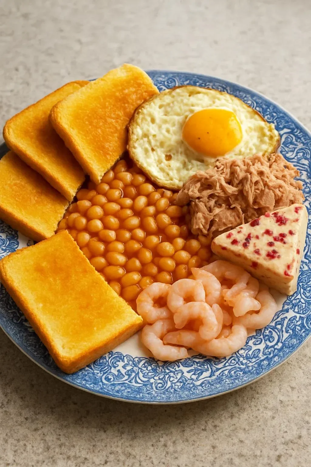 Beans on toast topped with tuna, prawns, cheese, and a fried egg