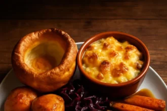 A deliciously plated beef dinner with sides in a cozy dining setting.