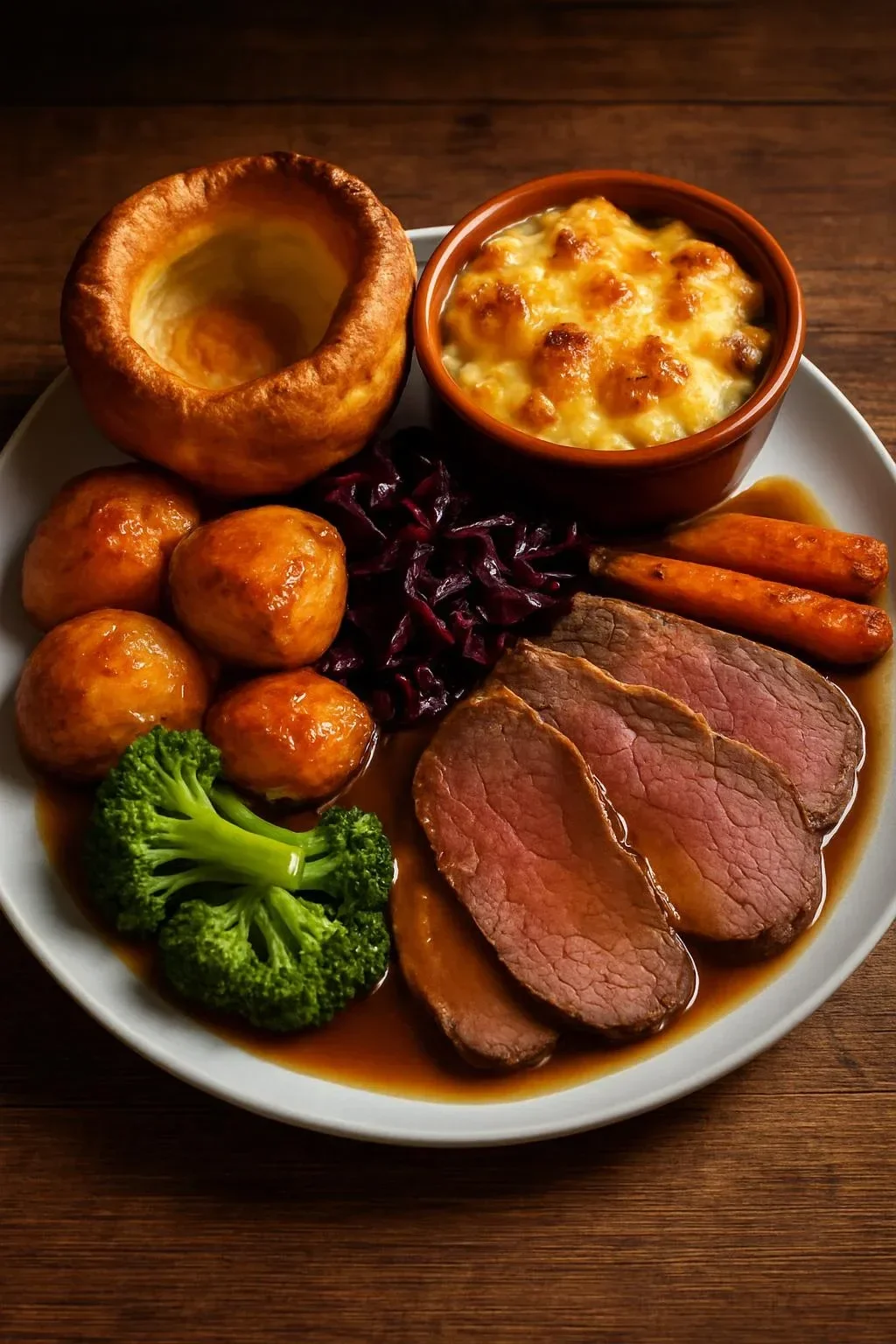 A deliciously plated beef dinner with sides in a cozy dining setting.