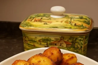 Golden beef dripping roasted potatoes served on a plate.