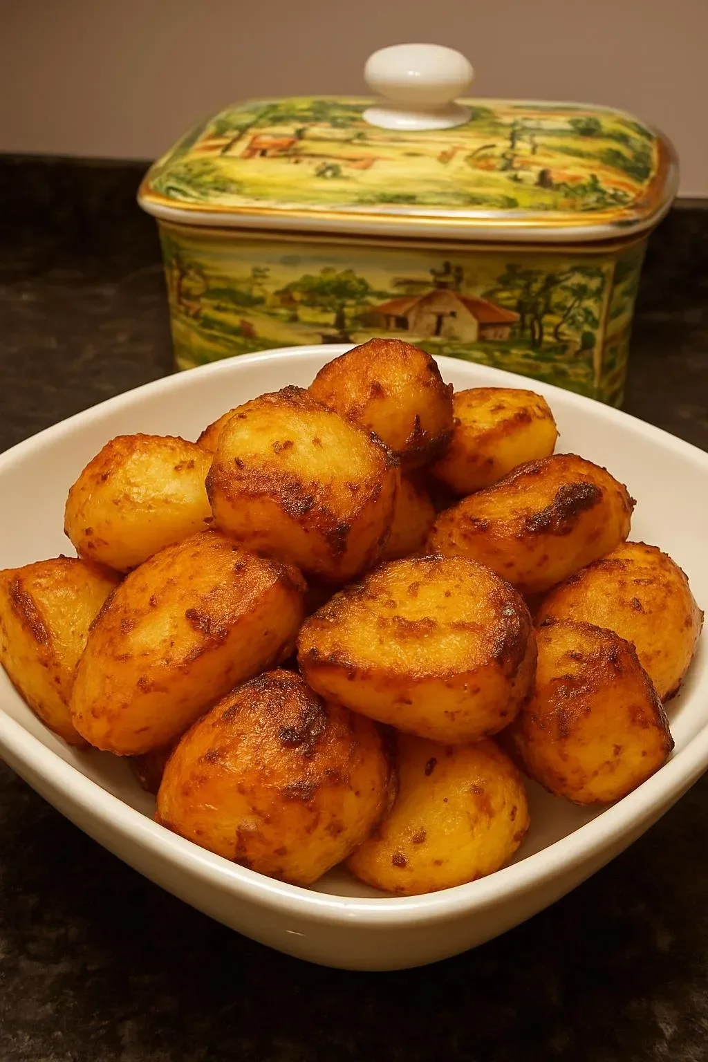 Golden beef dripping roasted potatoes served on a plate.