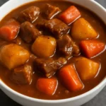 Delicious beef stew with fluffy dumplings in a rustic bowl