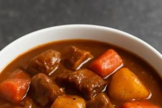 Delicious beef stew with fluffy dumplings in a rustic bowl