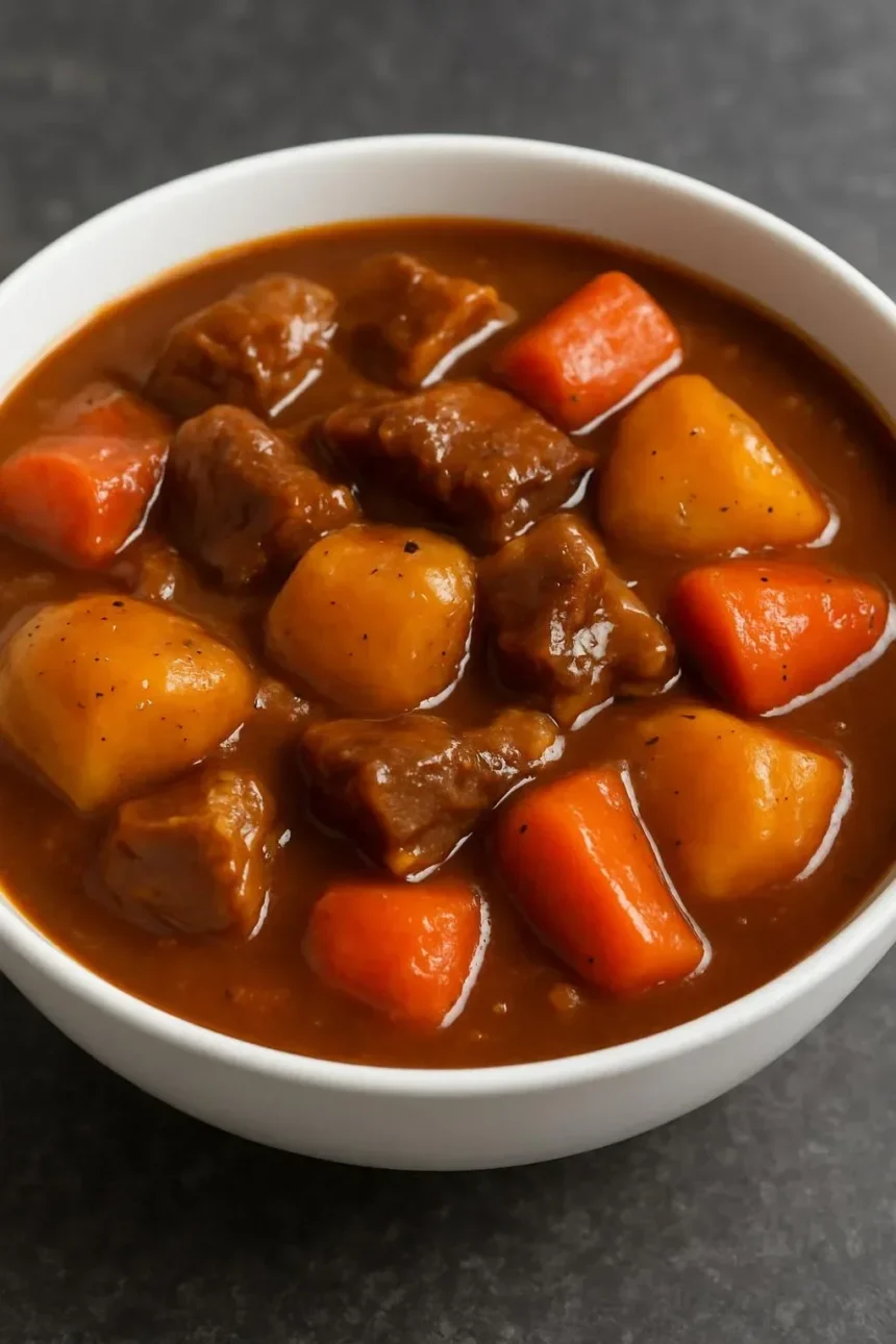 Delicious beef stew with fluffy dumplings in a rustic bowl