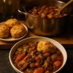Delicious beef stew with fluffy dumplings in a rustic pot, perfect comfort food.