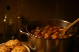 Delicious beef stew with fluffy dumplings in a rustic pot, perfect comfort food.