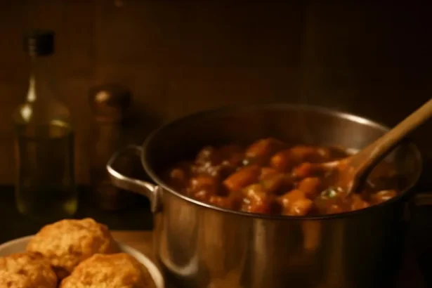 Delicious beef stew with fluffy dumplings in a rustic pot, perfect comfort food.