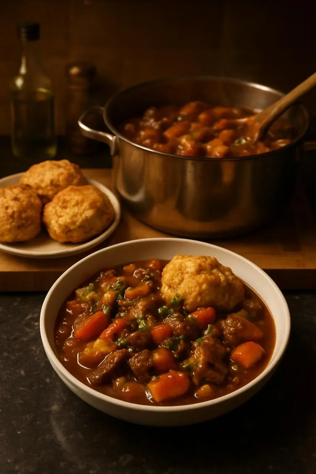 Delicious beef stew with fluffy dumplings in a rustic pot, perfect comfort food.