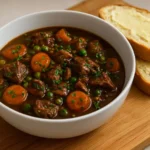 Bowl of beef stew with crusty bread on the side, perfect for a cozy meal