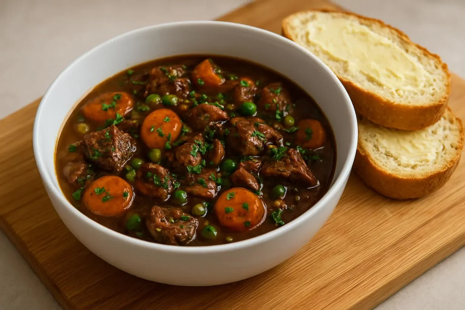 Bowl of beef stew with crusty bread on the side, perfect for a cozy meal
