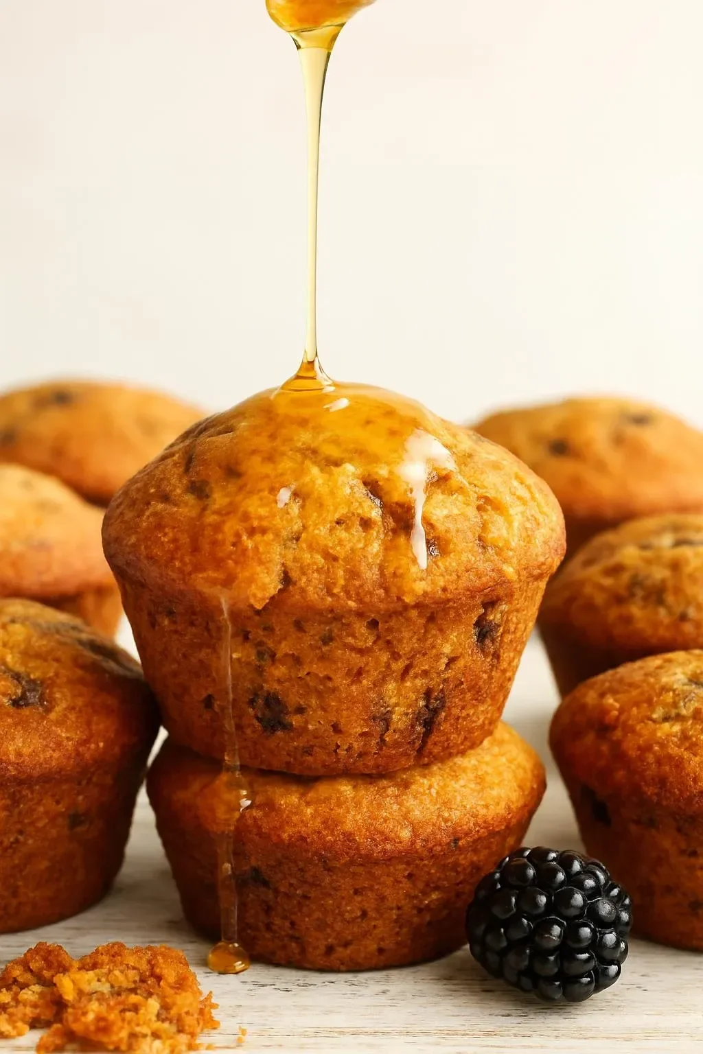 Freshly baked Blackberry Cornmeal Muffins on a wooden platter