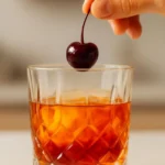 Bourbon Old Fashioned cocktail with orange and cherry garnish