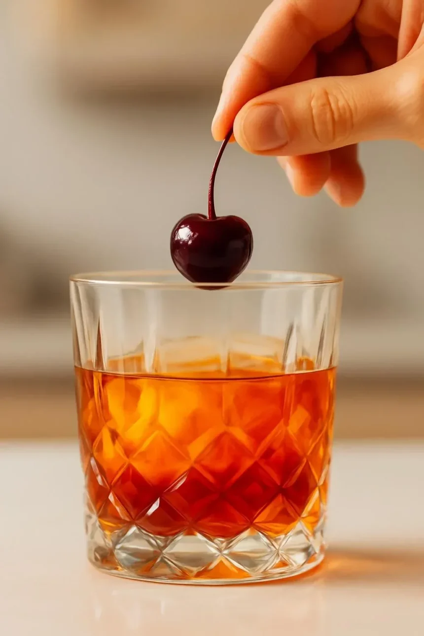 Bourbon Old Fashioned cocktail with orange and cherry garnish