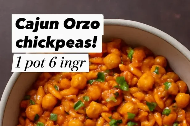Cajun Spiced Orzo with Chickpeas garnished with herbs in a bowl.
