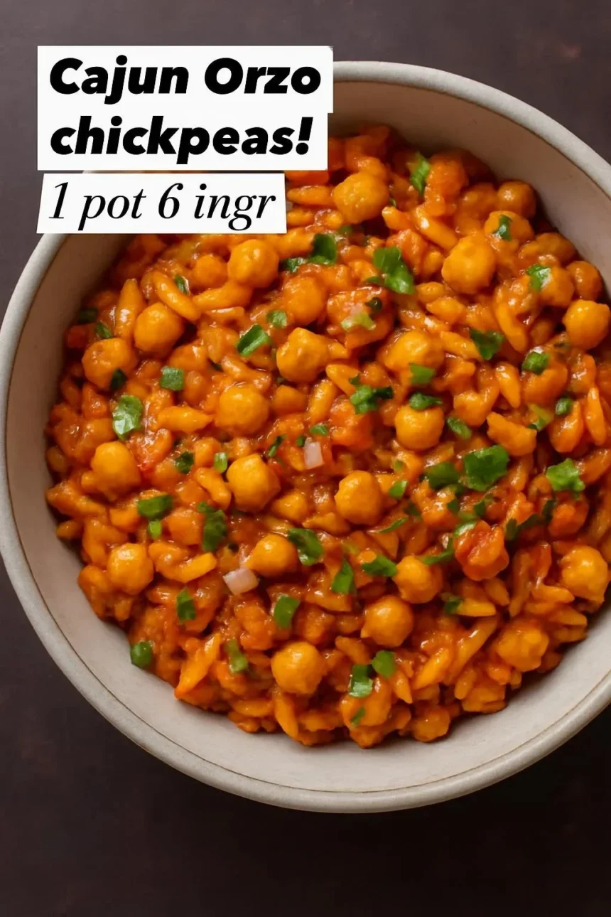 Cajun Spiced Orzo with Chickpeas garnished with herbs in a bowl.