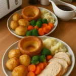 A delicious chicken dinner served with golden Yorkshire puddings