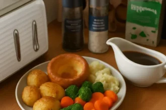 A delicious chicken dinner served with golden Yorkshire puddings