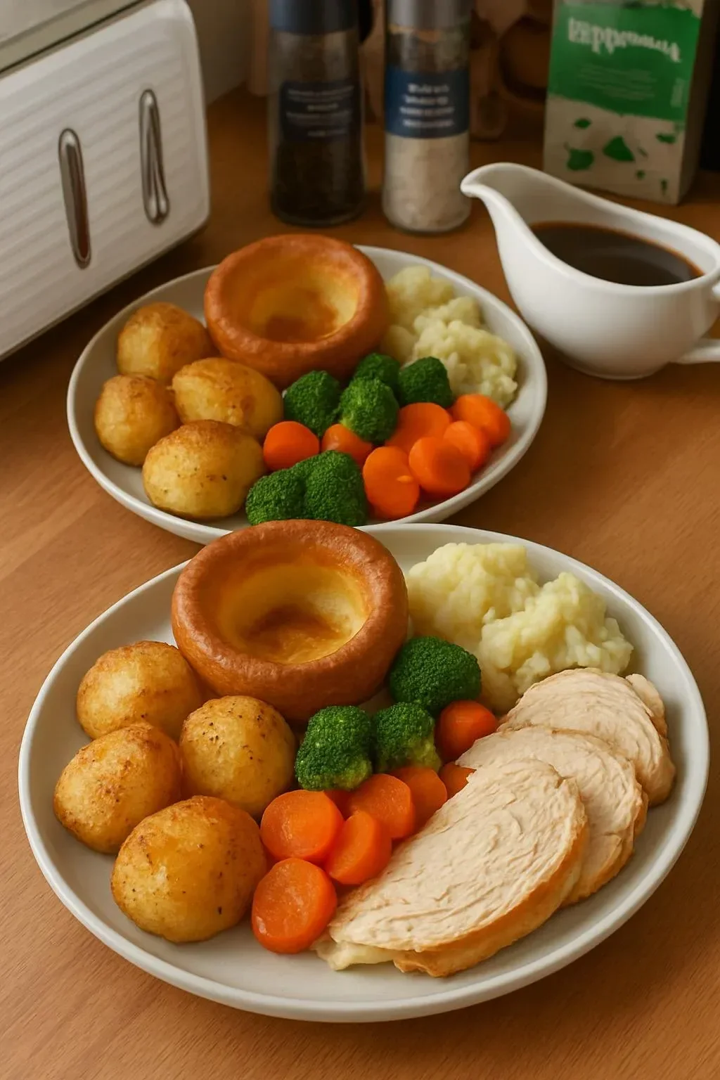 A delicious chicken dinner served with golden Yorkshire puddings