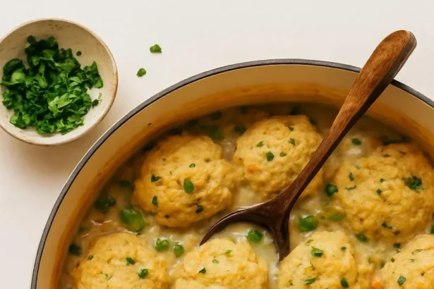 Bowl of homemade Chicken Pot Pie Soup with vegetables and herbs