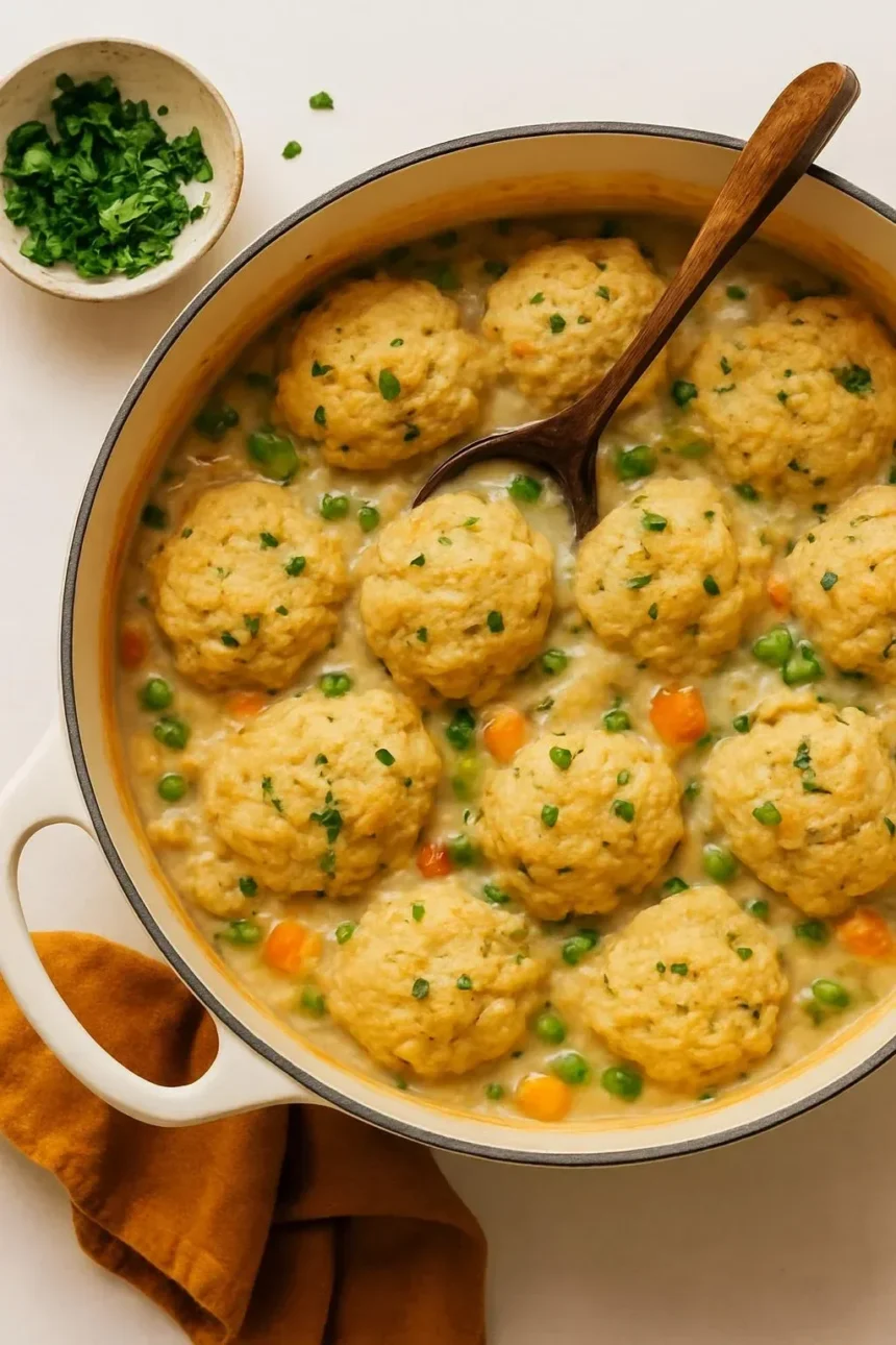 Bowl of homemade Chicken Pot Pie Soup with vegetables and herbs