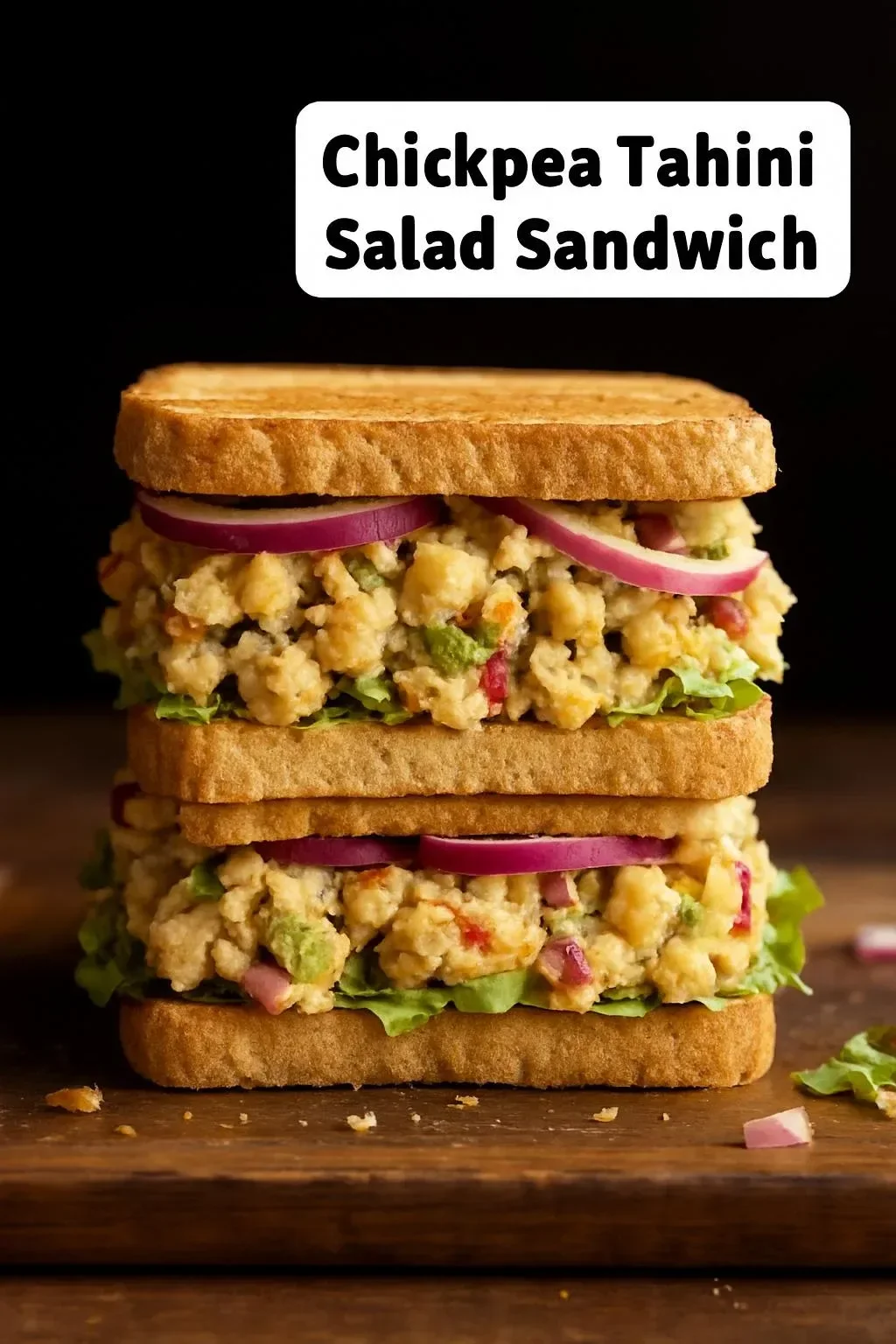 Chickpea Tahini Salad Sandwich with fresh vegetables and tahini dressing