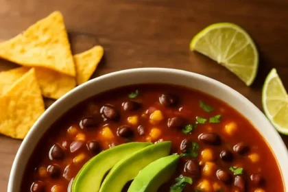 Bowl of Chipotle Black Bean Tortilla Soup garnished with avocado and cilantro