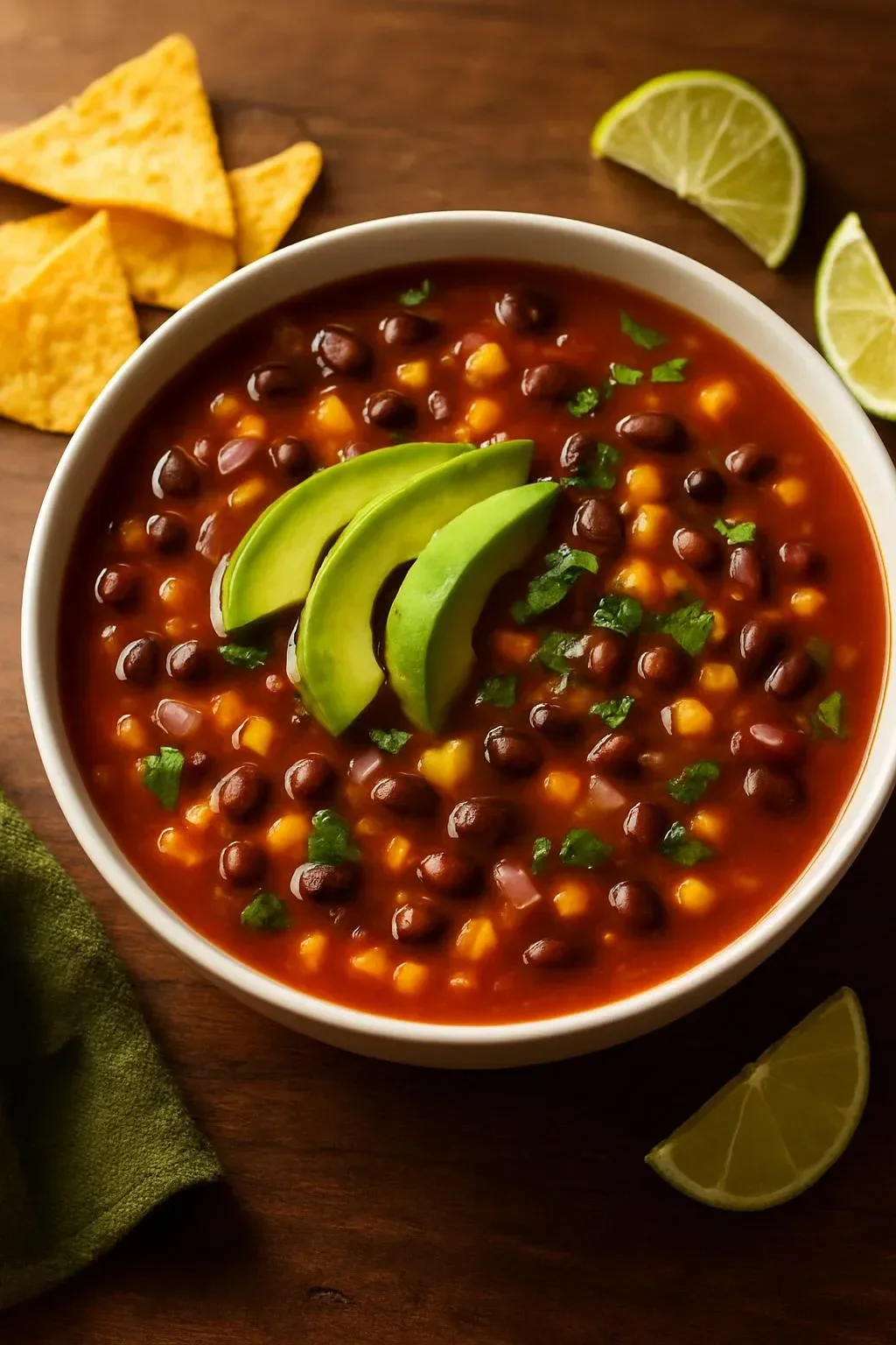 Bowl of Chipotle Black Bean Tortilla Soup garnished with avocado and cilantro