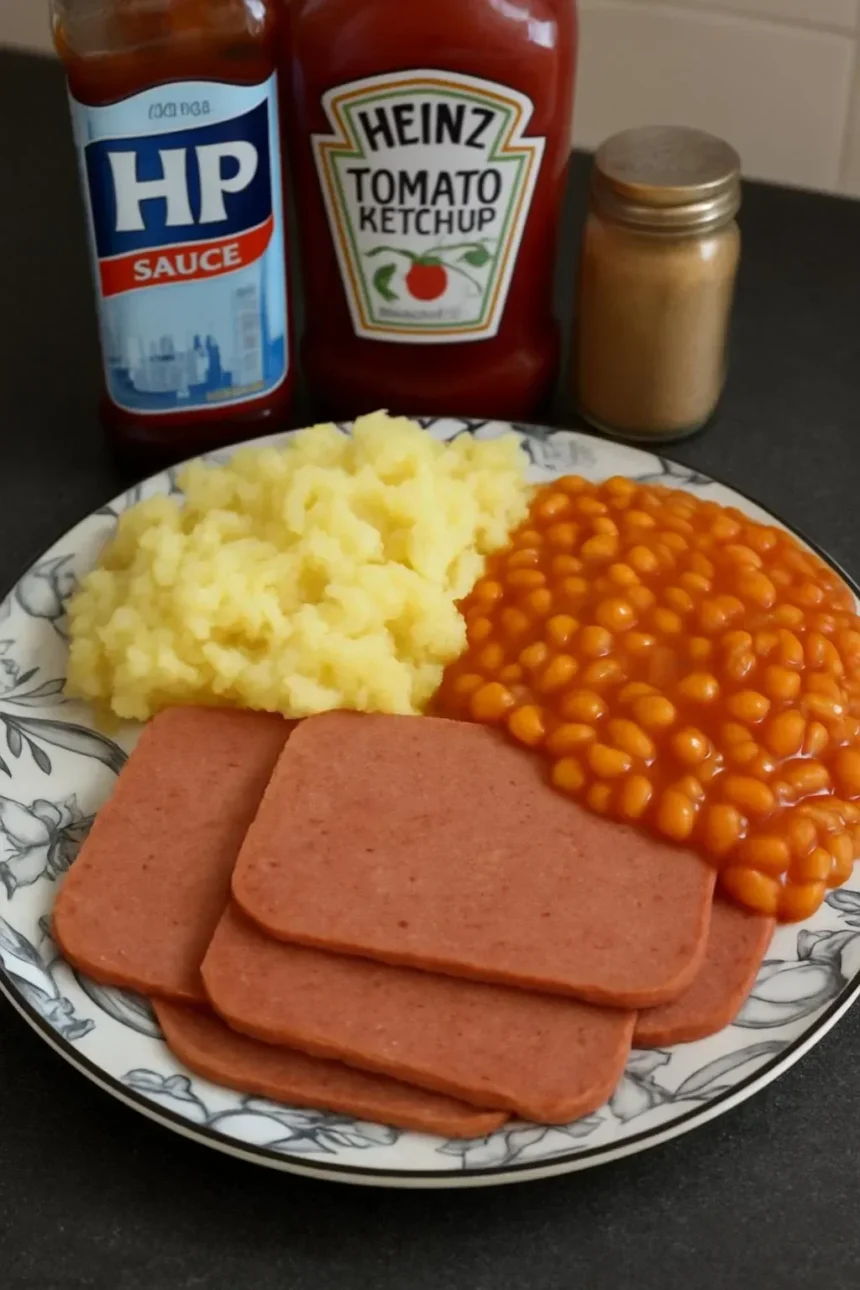 Delicious corned beef mash with beans served in a bowl