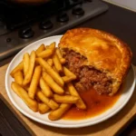 Delicious corned beef pie served with chips and gravy on a plate