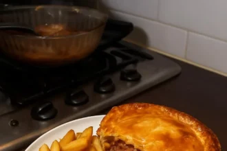 Delicious corned beef pie served with chips and gravy on a plate