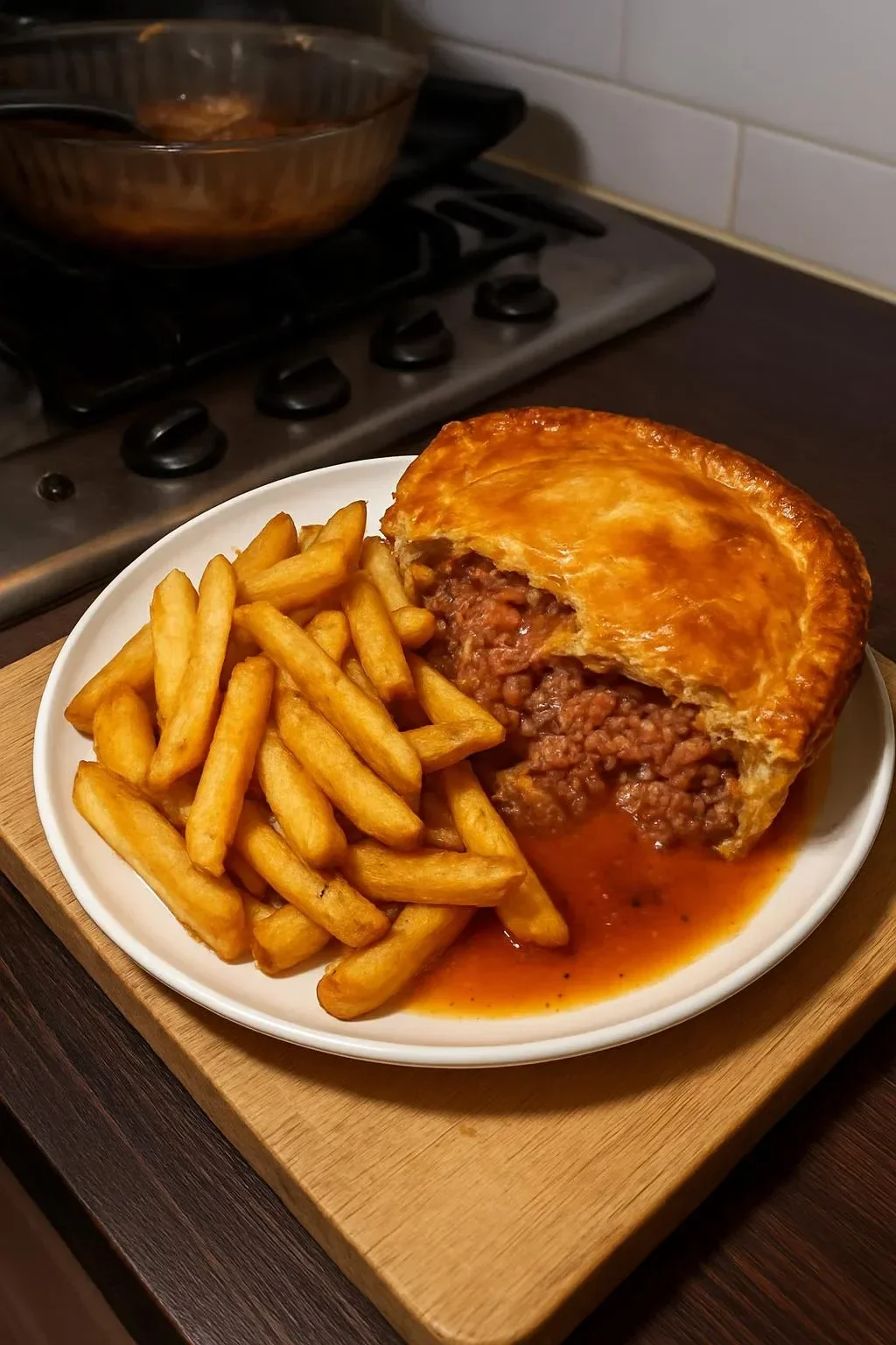Delicious corned beef pie served with chips and gravy on a plate