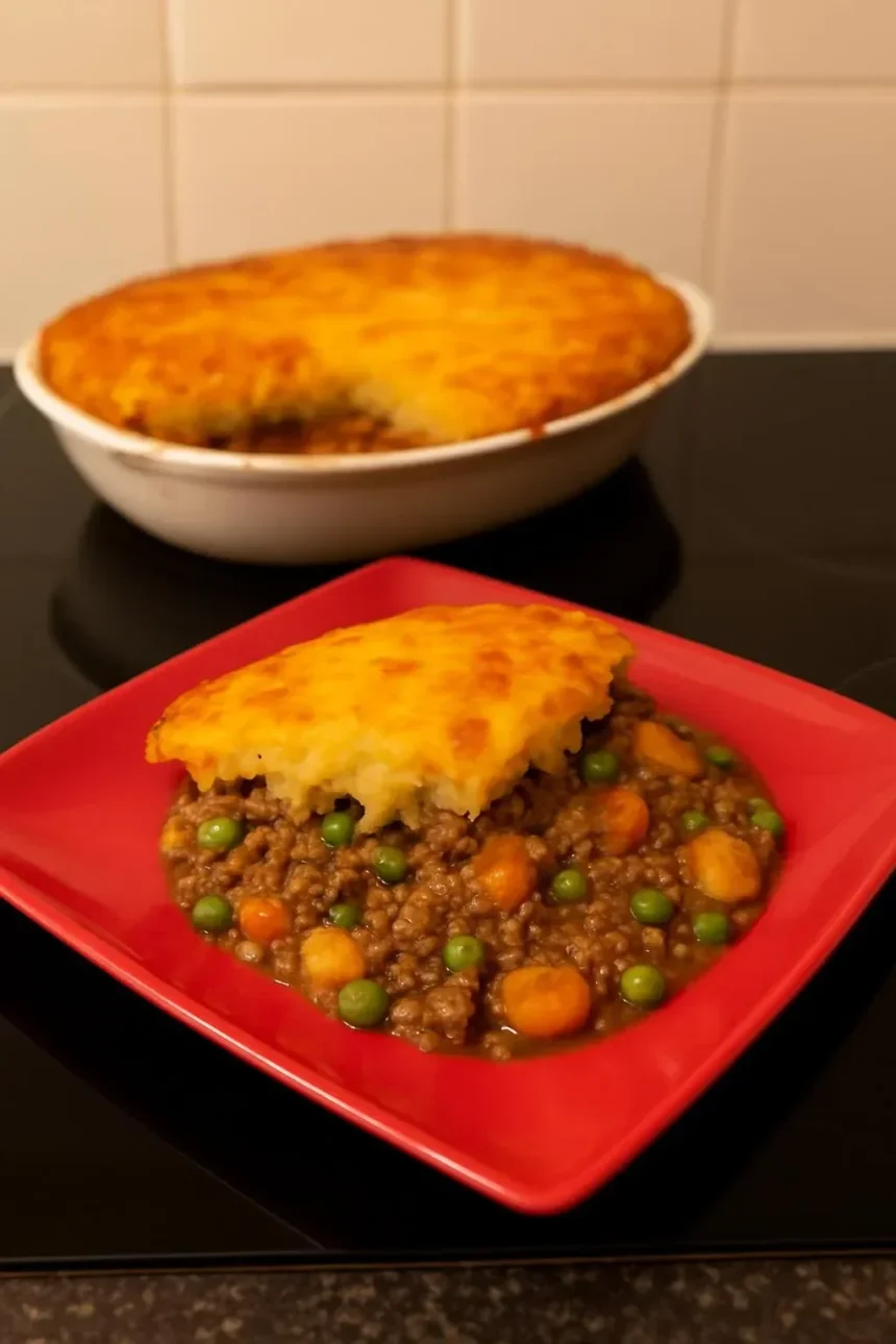 Delicious Cottage Pie served in a rustic dish, showcasing layers of meat and mashed potatoes.