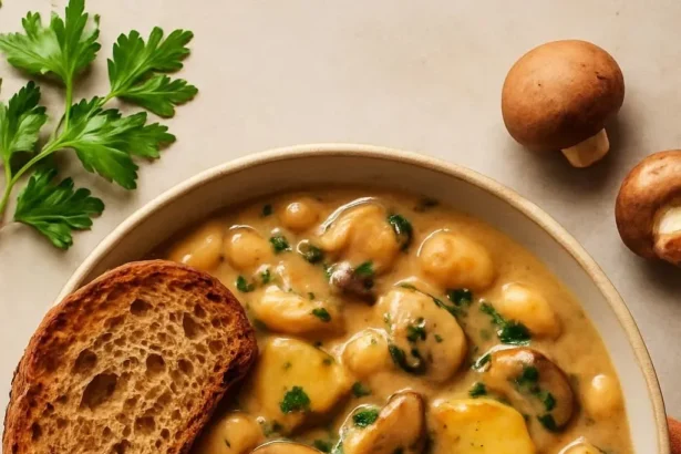A bowl of cozy fall soups and stews garnished with herbs and spices