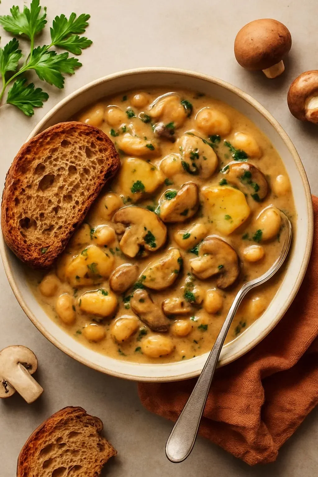 A bowl of cozy fall soups and stews garnished with herbs and spices