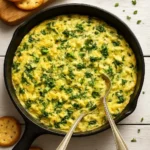 Creamy cheesy kale artichoke dip with white beans served in a bowl.